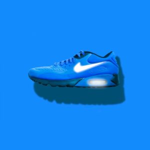 blue, white, and black Nike running shoes